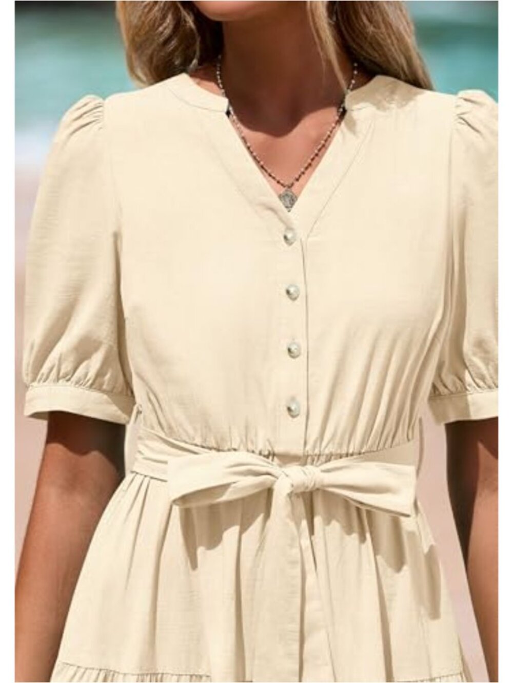 Flowy A-Line Midi Dress with Belt, Short Sleeve V-Neck Ruffle Beach Vacation - Picture 4 of 6